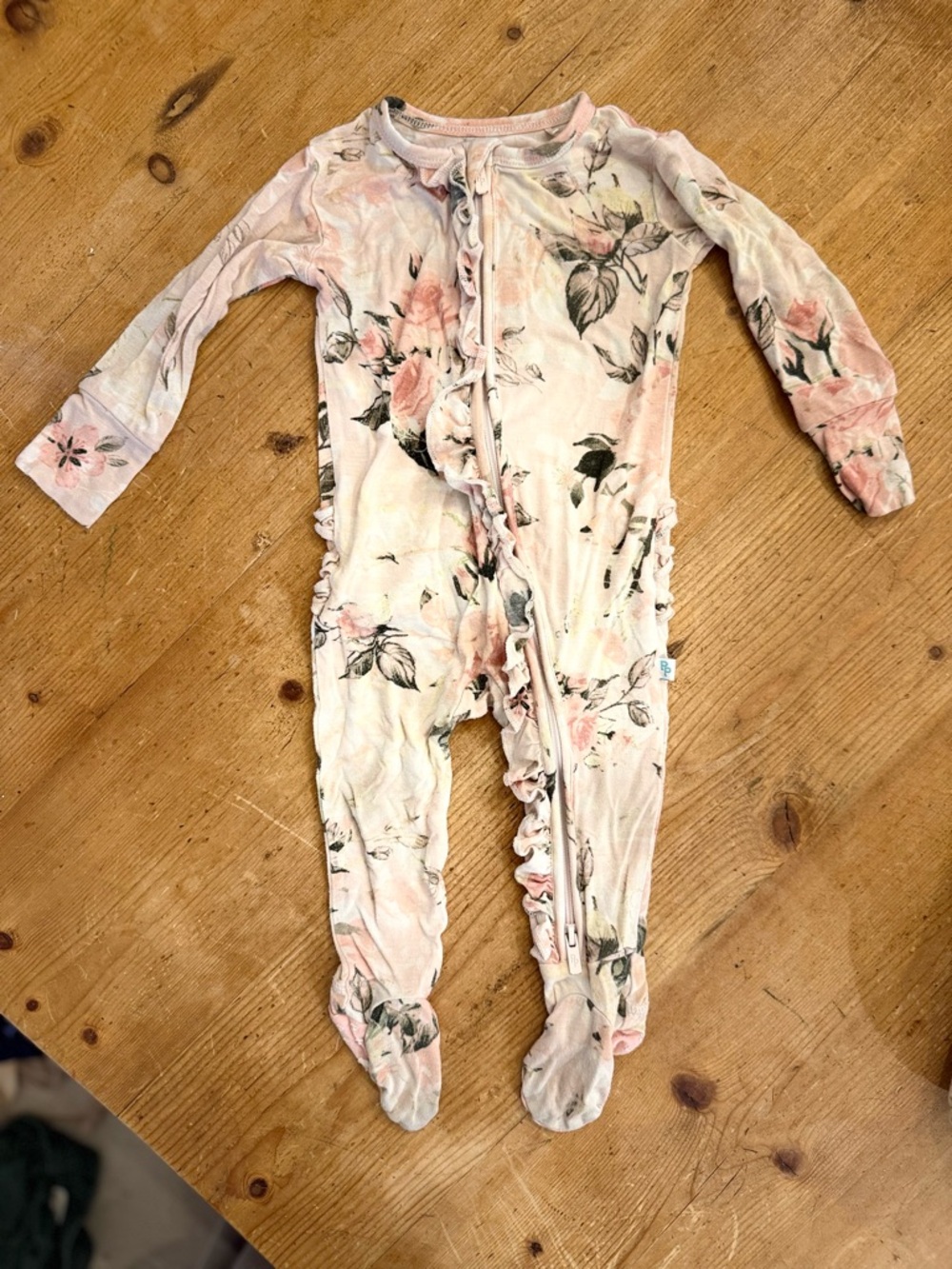 Posh Peanut Floral Ruffle Footed One-Piece in Blush and Green
